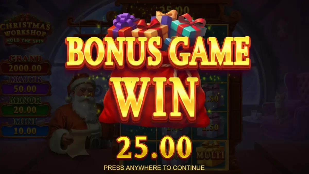 Christmas Workshop: Hold The Spin slot game interface na may mga regalo at dekorasyong Pasko