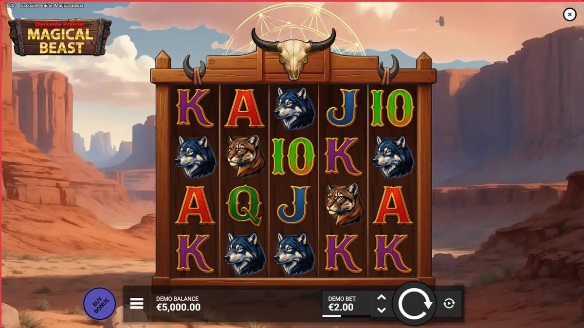 Darkside Prairie: Magical Beasts slot game screen na nagpapakita ng bison sa gitna ng canyon