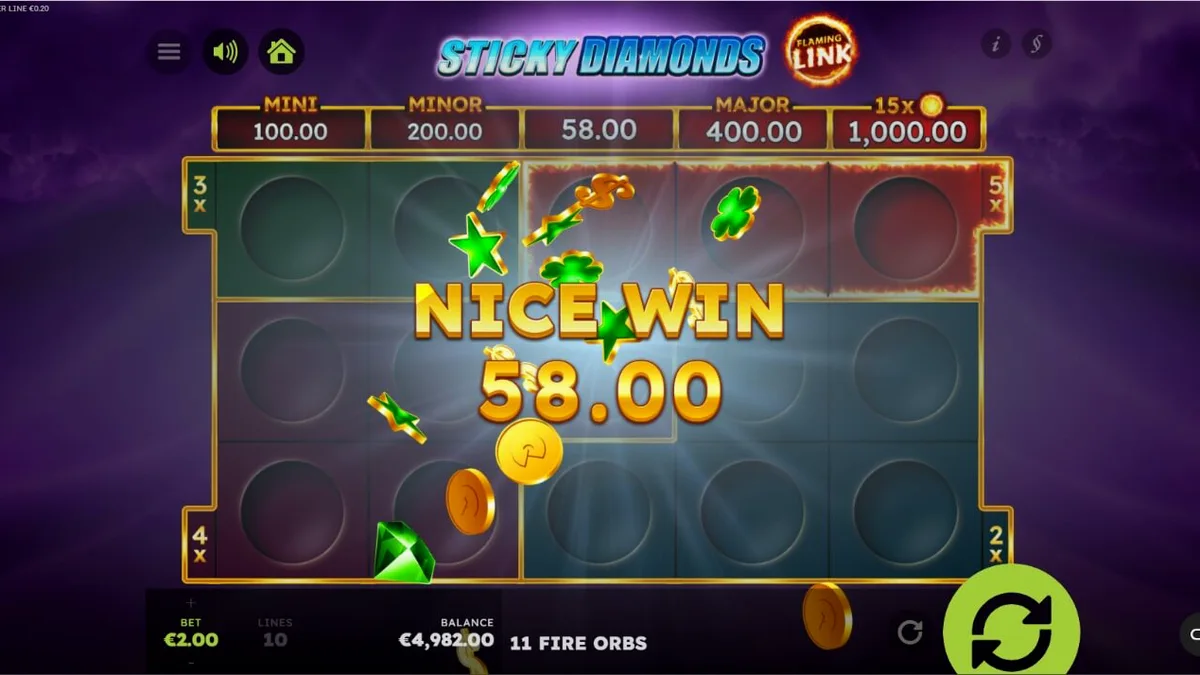 Isang visual na representasyon ng Sticky Diamonds Flaming Link slot na nagpapakita ng mga nagniningning na diamante at mga klasikong simbolo ng prutas.