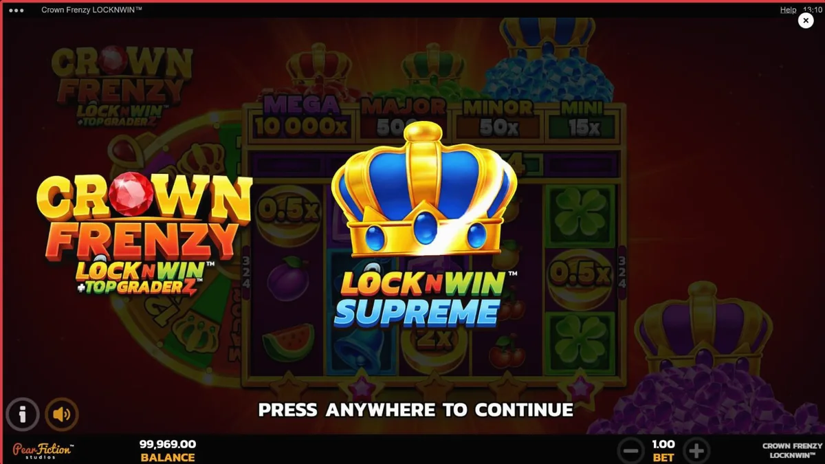 Crown Frenzy LockNWin slot game interface na may mga gintong korona at hiyas